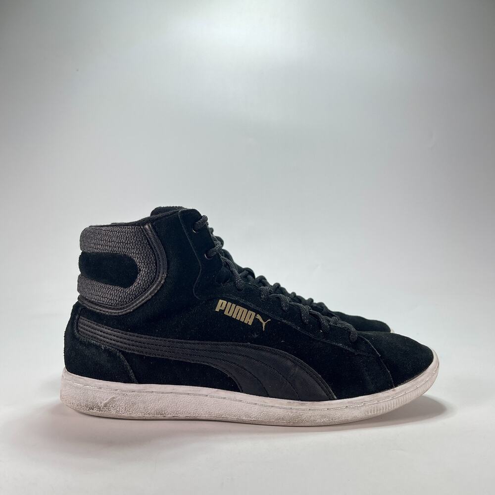 Puma Vikky Mid Twill Black Suede Gold High Top Sneakers 362629-03 Womens Size 10